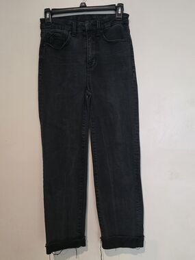 Black High-Waist Cropped Straight Jeans - Women Distressed Bottoms Buckle Fit 35